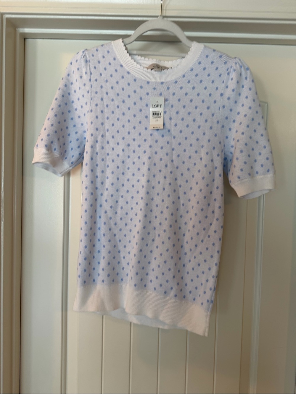 LOFT White Crew Neck Short-Sleeve Sweater with Light Blue Dot Print
